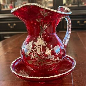 Vintage Viking Glass Ruby and Silver Poppies Vase and Stand 40th Anniversary